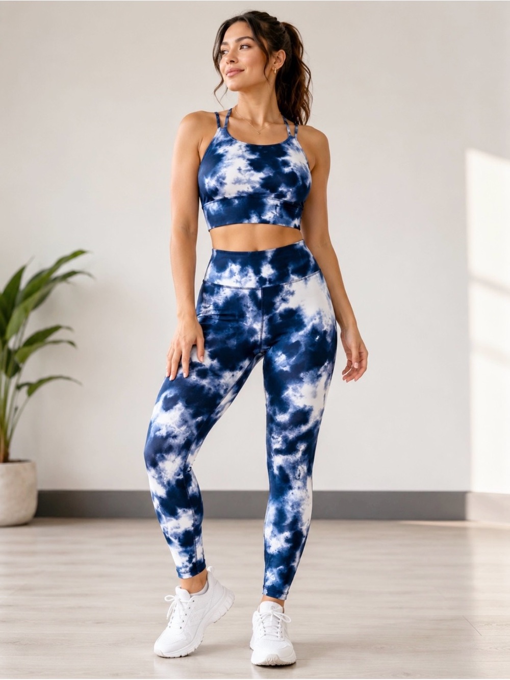 Tie-Dye Navy and White Active Set - Sports Bra & Leggings - size Large